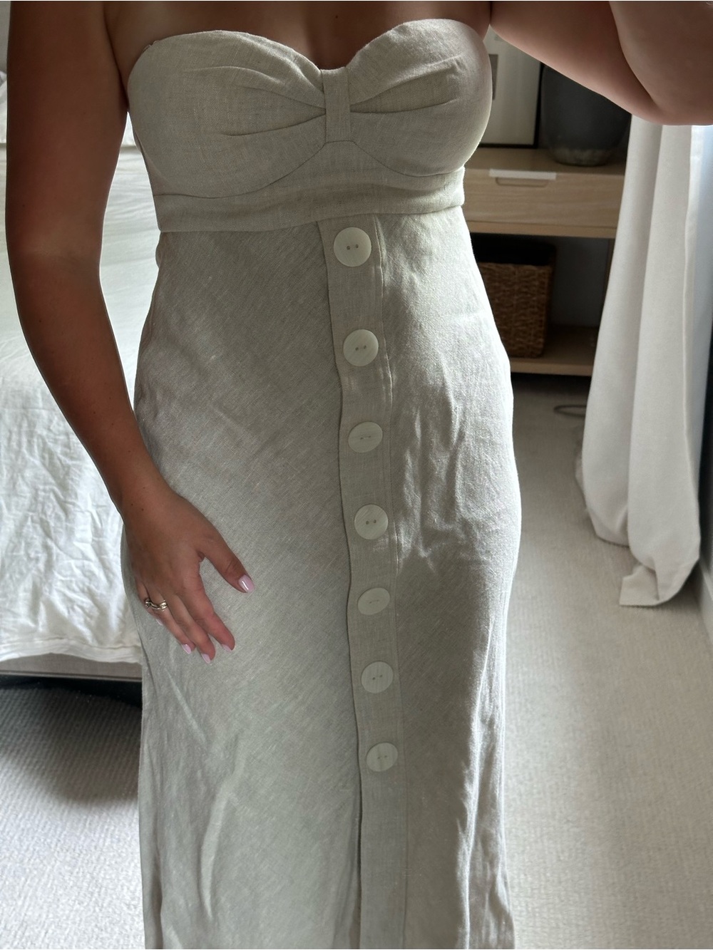 Shona Joy Strapless linen Beige Button-Front Maxi Dress